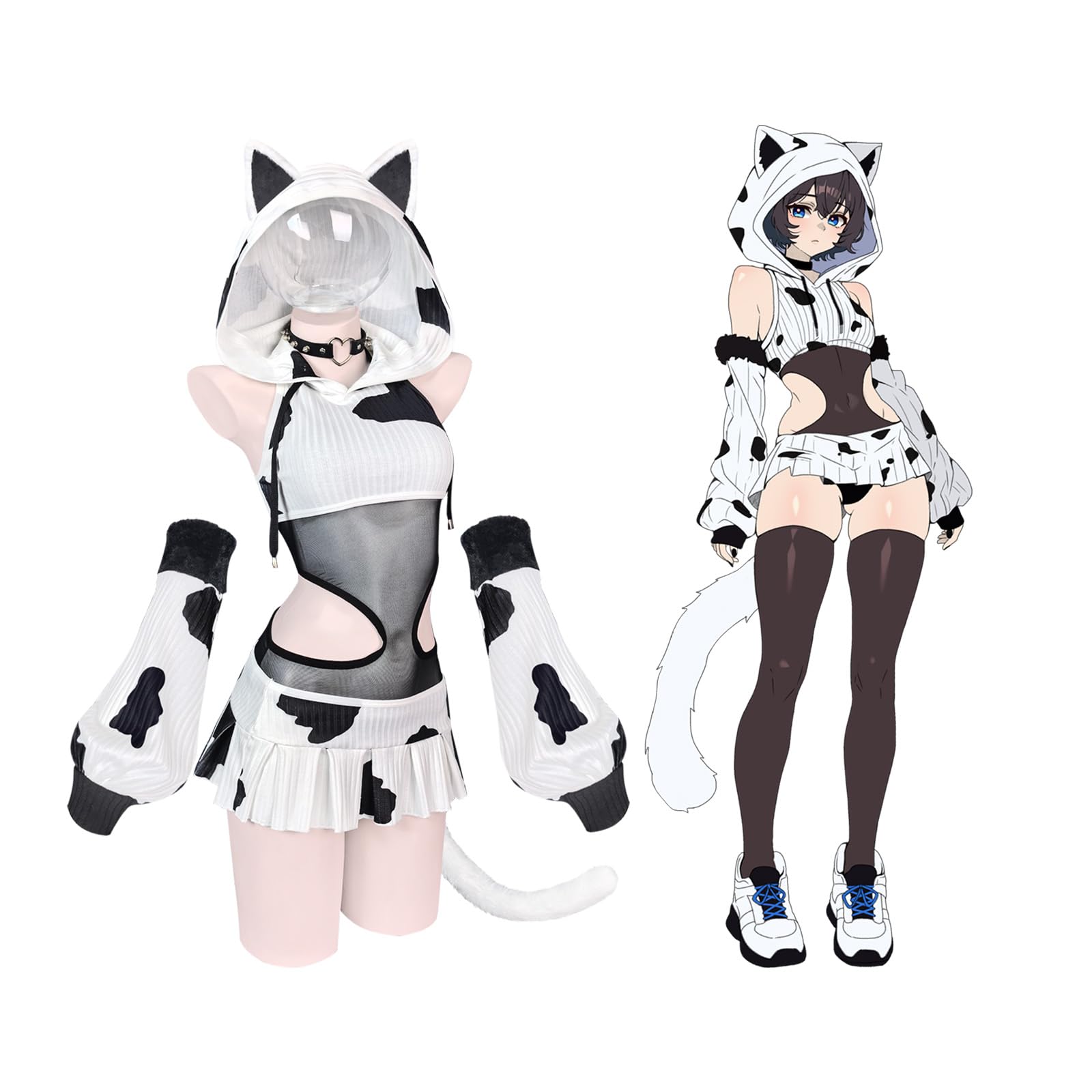 KORURACLUB Cow Print Costume Anime Outfit with Mesh Details Cow Girl Cosplay Bodysuit for Women Kawaii Lingerie Set (White XS-M)