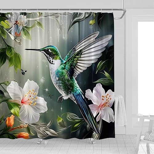Cortina de ducha floral de colibrí, flores en acuarela, hojas verdes, pájaros, jardín tropical, paisaje, naturaleza, flores silvestres, cortinas de
