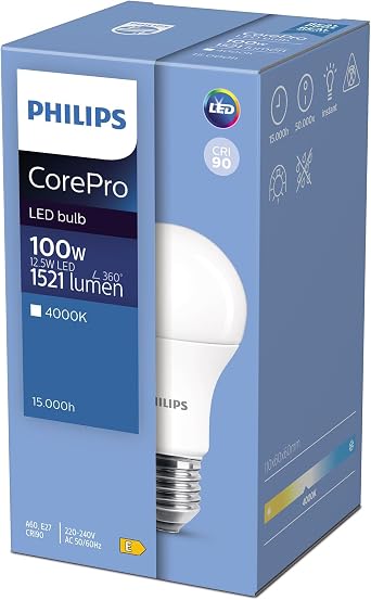Philips CorePro LED GLS A60 Light Bulb 12.5W 100W Equivalent E27 Edison Screw, 4000K Cool White, Frosted Non Dimmable, Energy Efficient LED Lamp for Home & Commercial Lighting [Energy Class G]