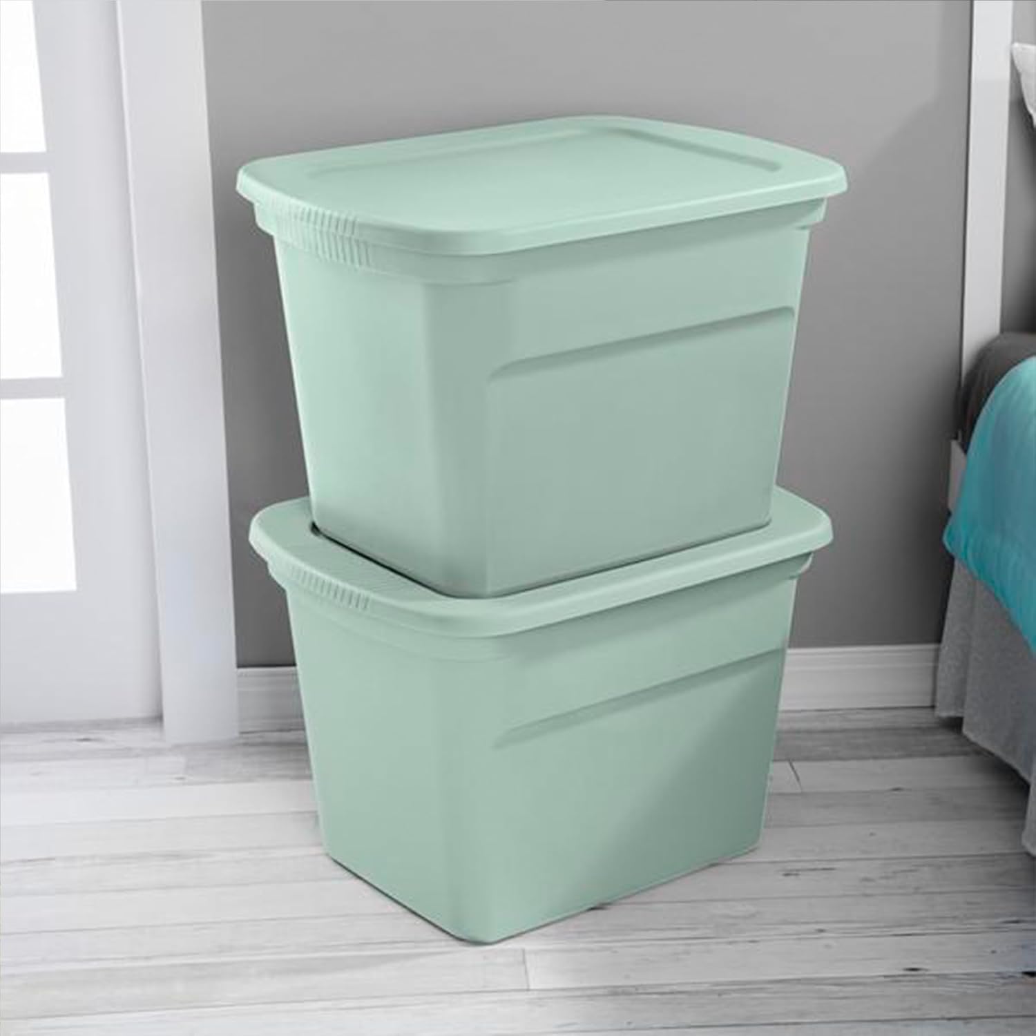 Sterilite 8 Pack Tote, Plastic Stackable Storage Bin Container with Lid, 18 Gallon, Mindful Mint