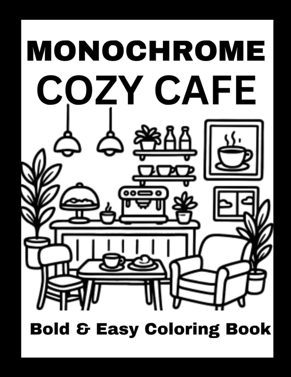 Monochrome Cozy Café Coloring Book: Bold & Easy Relaxing Coffee Shops, Bakeries, Tea Corners, Dessert Cafés, and Cozy Interior Scenes for Adults, Teens & Seniors (Monochrome coloring book)