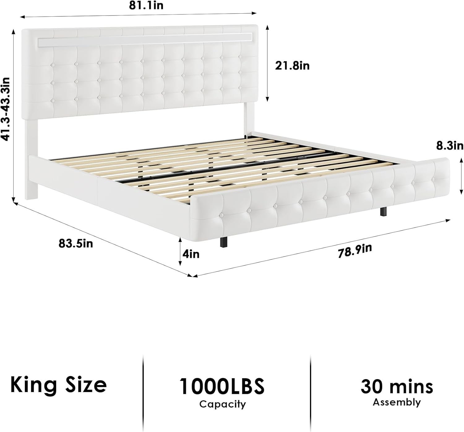 Diagram showing dimensions of the Keyluv King Bed Frame and key features like 1000lbs capacity and 30 min assembly