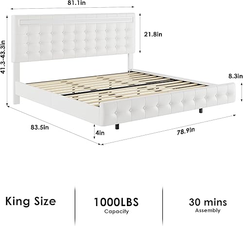 Miniatura 2 de Keyluv Base de cama King con luces LED, cabecera tapizada flotante, altura ajustable, marco de metal sin ruido, almacenamiento debajo de la cama,