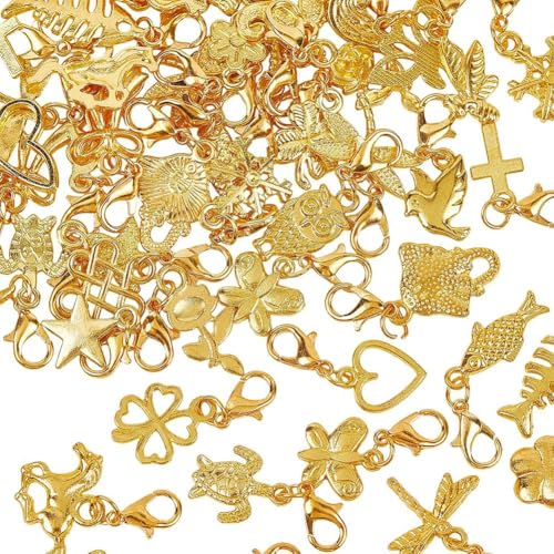 SUNNYCLUE 1 Box 60Pcs Gold Clip On Charms Lobster Clasp Charms Bulk Metal Alloy Golden Glossy Assorted Animals Flower Dangle Pendants for Jewelry Making Supplies DIY Crafts Bracelet Necklace Adults
