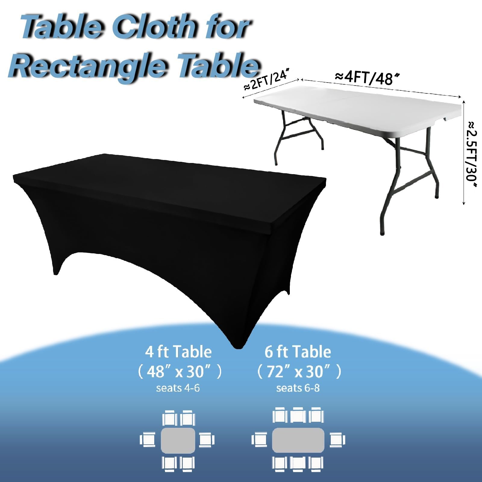 Lot de 6 Housses Noires en Spandex pour Table de 1,2 m, Nappe Stretch Ajustable Universelle rectangulaire, Lavable et Infroissable, idéale pour Salons Professionnels, Mariages