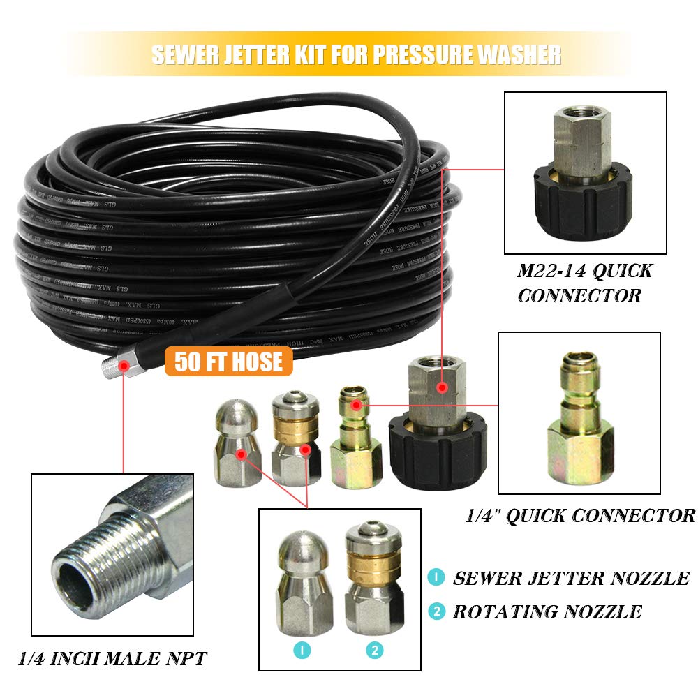 Sewer Jetter Kit for Pressure Washer, Sewer Jetter Nozzles Kit,50FT