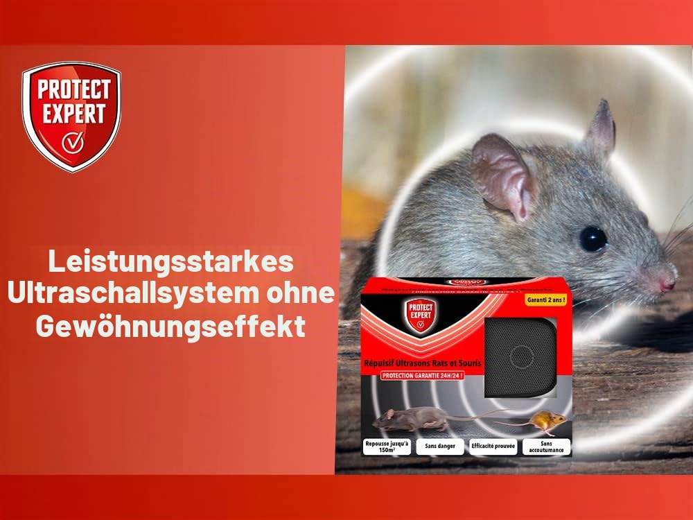 Protect EXPERT Ultraschall Ratten & Mäuse – Abwehrmittel – bis zu 150 m² | Ultrarasou – Schutz rund um die Uhr – Schwarz