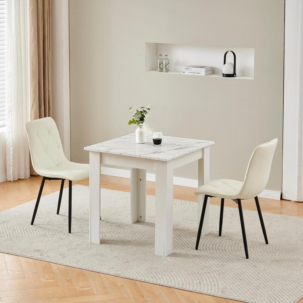 Homullel 75x75 cm Small Dining Table and 2 Chairs, 2 Seater Table and Chairs Set Kitchen Dining Room Set for 2, Compact, Space Saving, Wooden, Glossing Tabletop Marble-White (2 Seats, PU Lvory)