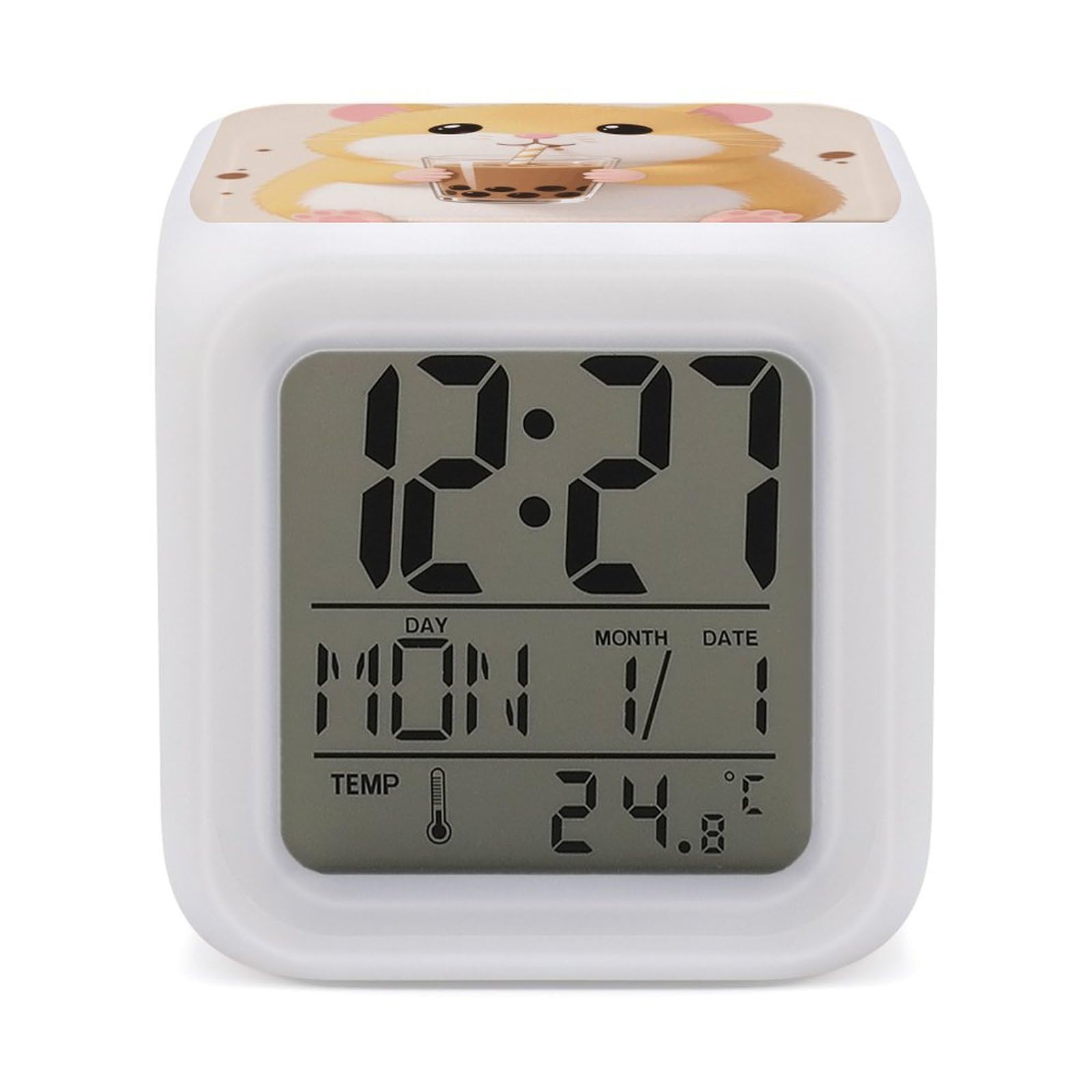 FodPand 7 Color Ambient Night Light Cube Battery Operated Hamster Digital Clock with Snooze Temperature LED Digital Alarm Clocks Dimmable Wake Up Light Portable Mood Lamp for Bedroom Desk Gift