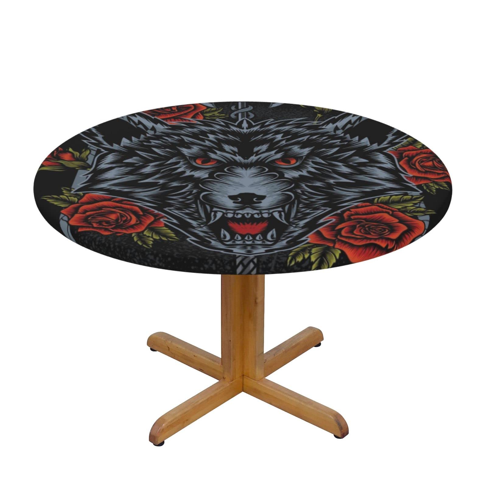 Lsjuee Round Fitted Tablecloth 45-50in Elastic Edged Table Cloth for Kitchen Dining Party Home Decor - Wolf Rose Flower Black