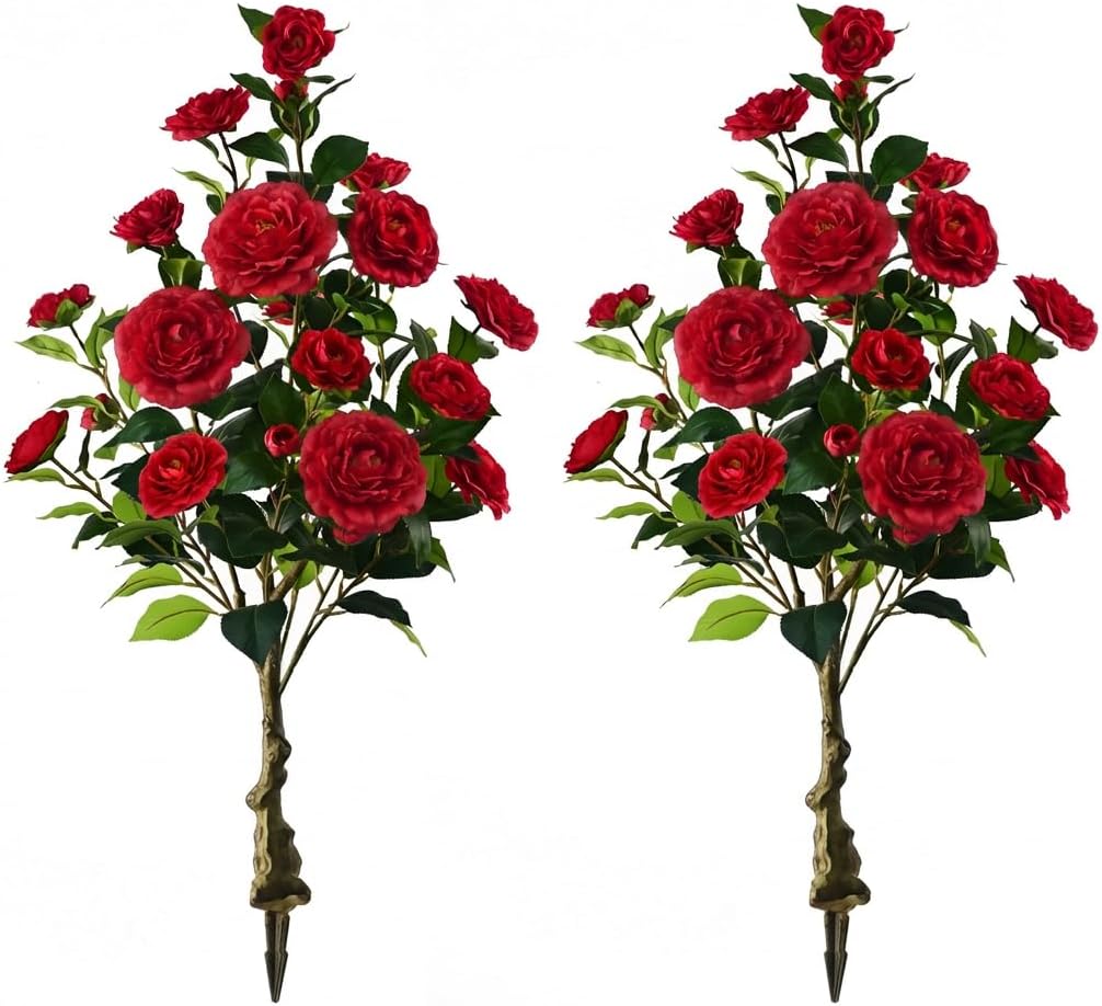 Artificial Camellia Tree with Spike, 36” Tall Faux Artificial Plants Outdoor Flower Tree with Red Blooming Camellia Flower, Fake Flower Tree for Home, Garden Decor(Red)