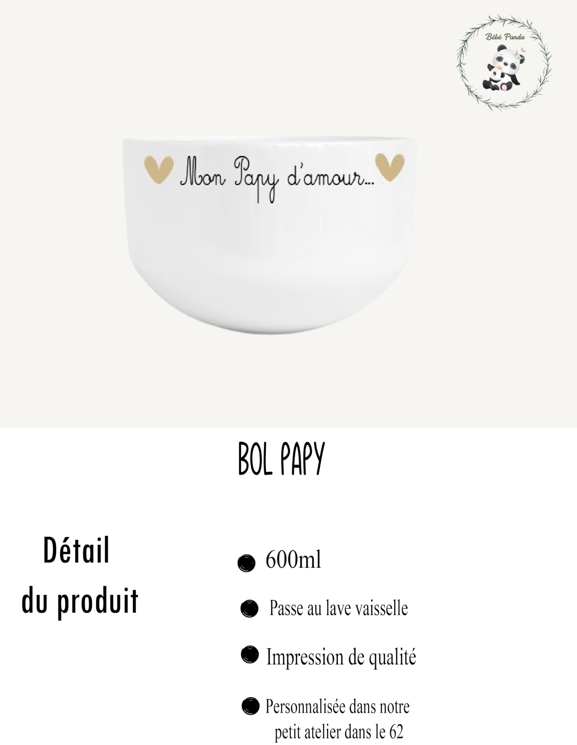 Bol Blanc Personnalisé - "Mon Papy d'Amour" - Cadeau Grand-Père - Bol à Soupe, Céréales, Café ou Chocolat - Idée Cadeau Originale