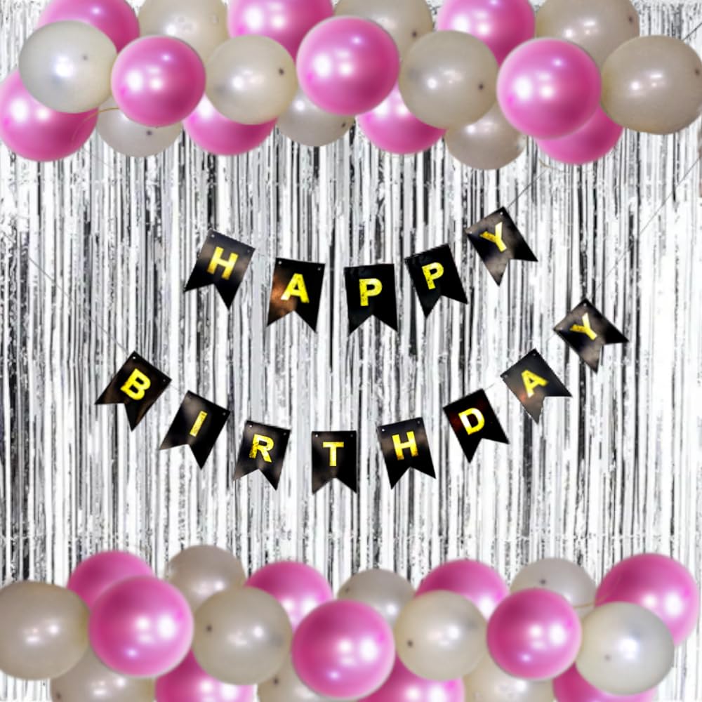 MG TRADERS Happy Birthday Foil Balloons, Decorations for Birthday Celebration’s - Birthday Decorations for Girl and Boys | Grey, Gold Birthday Decorations (Silver Foil & Rose balloons)