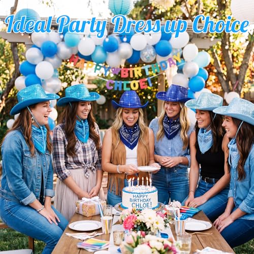 Image of Coume 12 Pcs Sparkly Adults Cowboy Hat and Bandanas Women Men Western Glitter Cowgirl Party Hats with Adjustable Drawstring