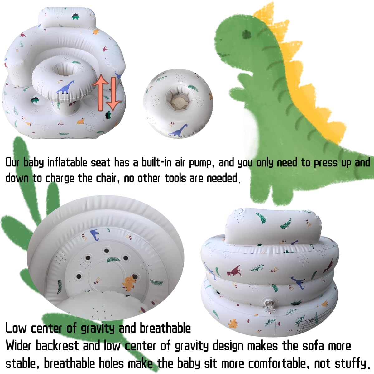 Seggiolino gonfiabile per bambini da 4 a 24 mesi con pompa ad aria integrata, supporto per la schiena per bambini, sedia per sedersi, sedia per baby shower, sedile (Dinosauro)