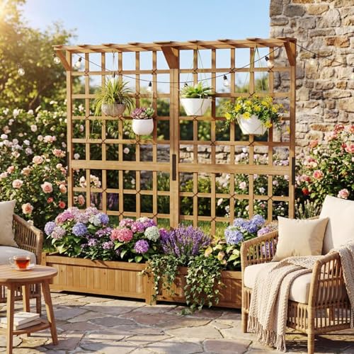 GOPLUS Pflanzkasten mit Rankgitter, Blumenkasten mit Spalier, Dachregal & Ablauflöchern, Hochbeet Holz mit Sichtschutz, Rankhilfe für Kletterpflanzen, Gartenbeet Pflanzkübel für Garten & Hof, Braun