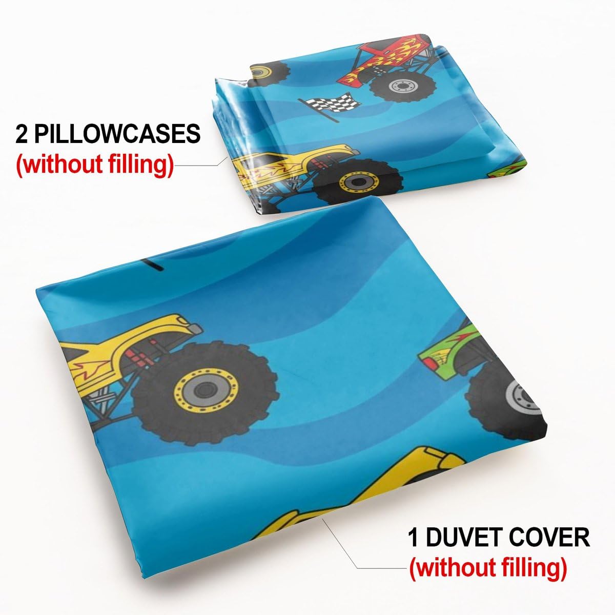 Kinder-Bettwäsche-Set mit Monster-Truck-Motiv, weiche Mikrofaser, Motiv: Monster-Truck, für Jungen-Schlafzimmer, Dekoration (Stil 4, Einzelbett 135 x 200 cm + 50 x 75 cm x 2)