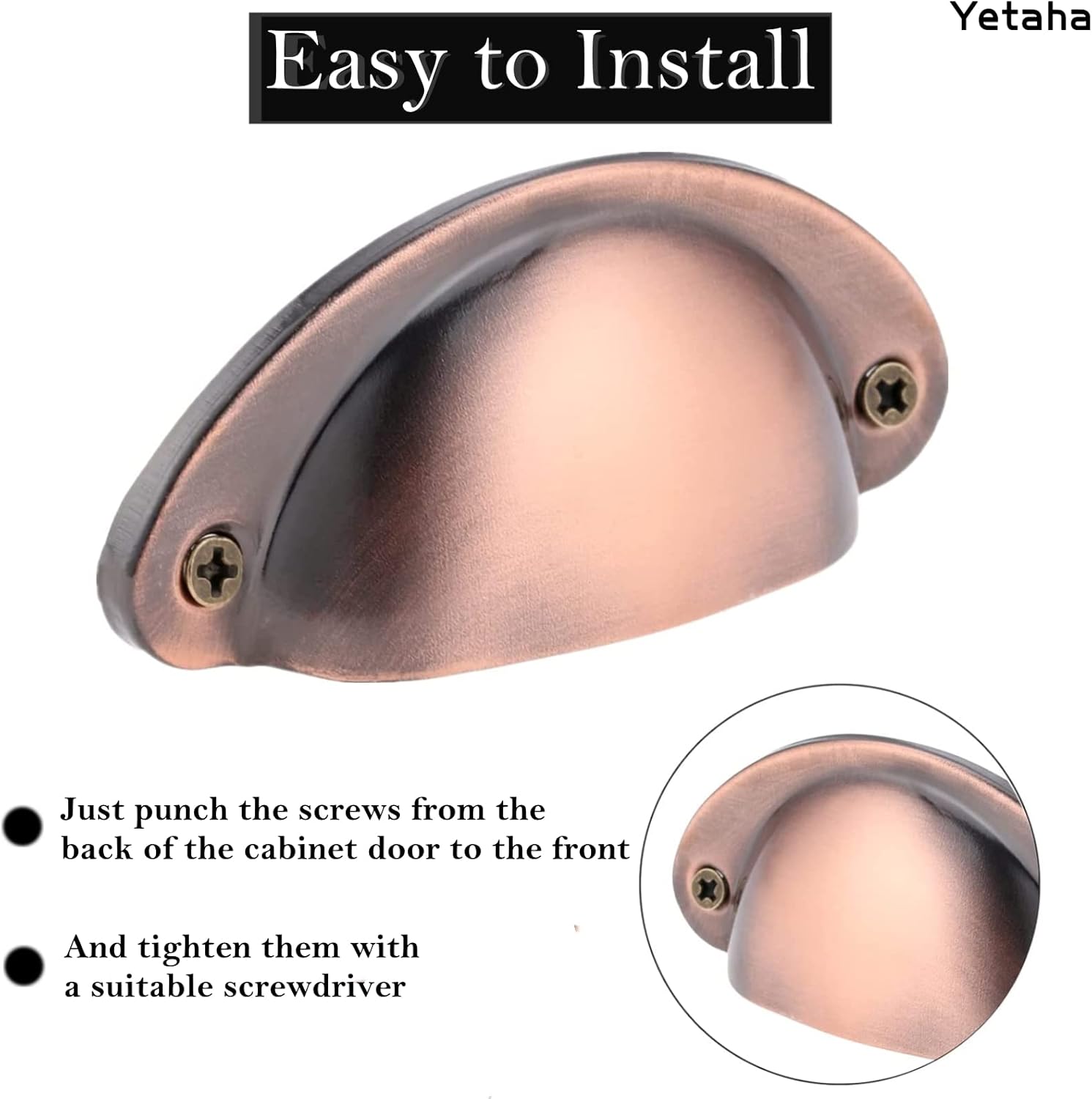 Yetaha 10 Packs Vintage Cup Pulls, 3.23" x 1.38" Cabinet Drawer Pull, Decorative Kitchen Handles, Brushed Red Copper Furniture Hardware Handle