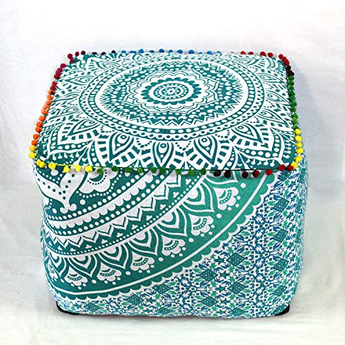 CRAFT KALA Mandala Meditation Floor Pillows Square Pillow Cover Seating Hippie Decorative Adults Bohemian Floor Cushion Cover Outdoor Living Room Throw Ottoman Poufs Cover 16X16X14 inches, Green Ombre