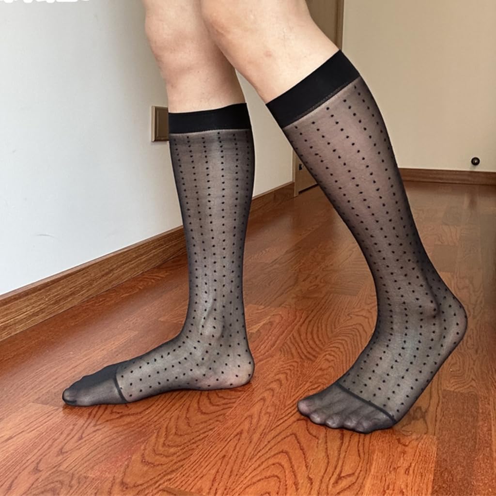 Super Thin Transparent Men's Sheer Socks Dot Patterned Long Tube Stockings for Formal Event with Breathable Nylon