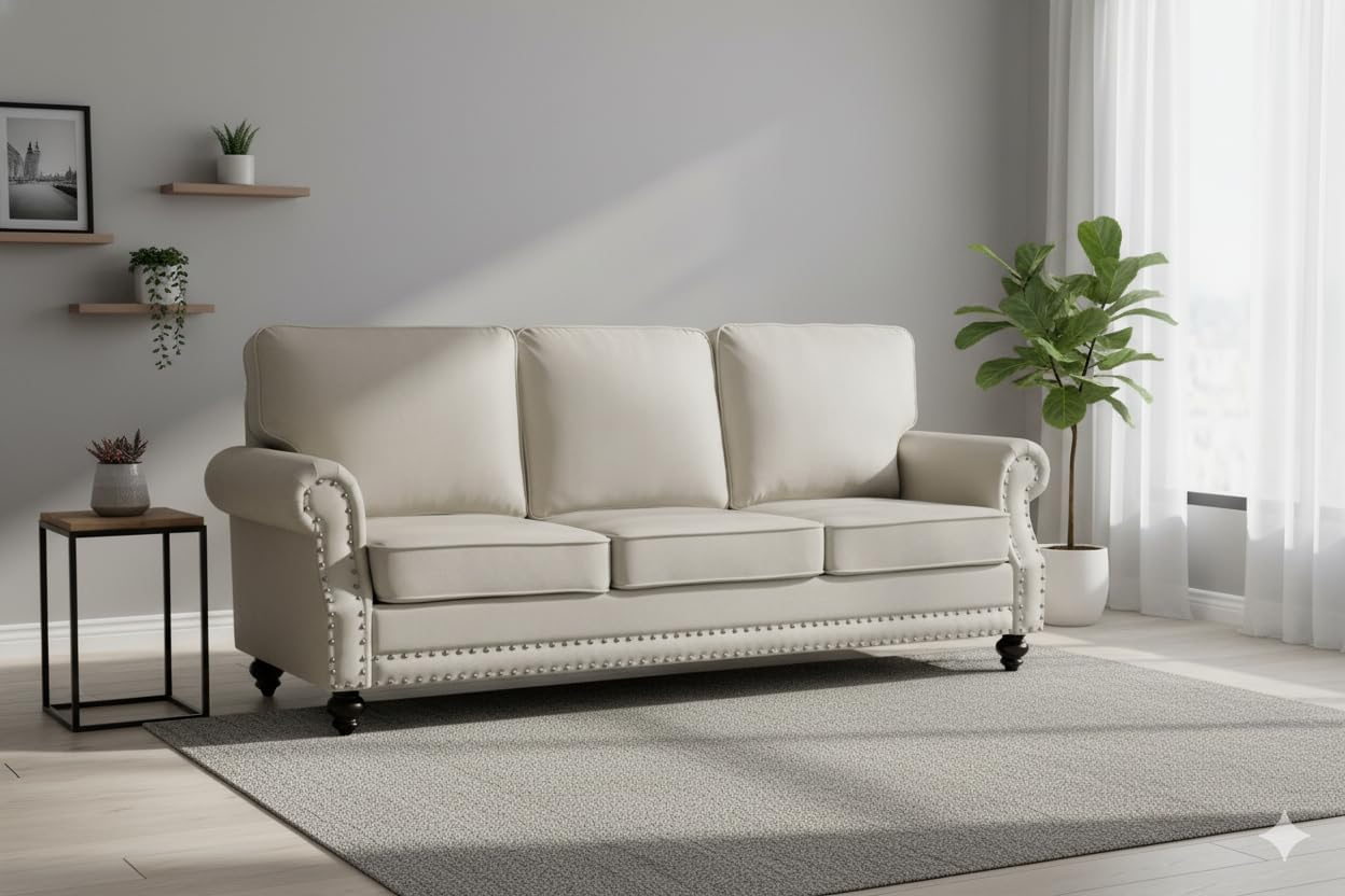 Container Furniture Direct Aspen Mid Century Modern Velvet Upholstered Living Room Rolled Arms, Sofa, Beige