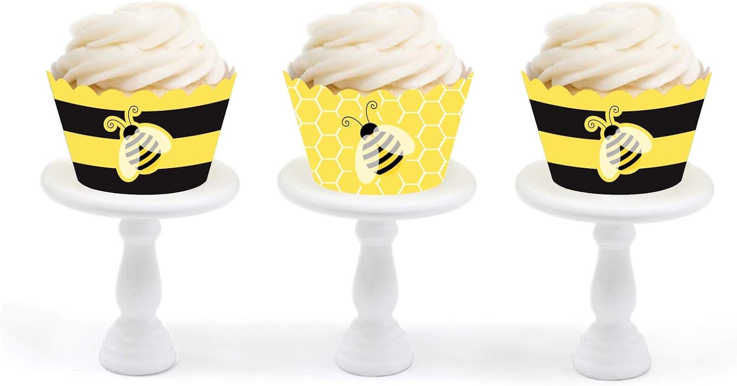 Andaz Press Busy Little Bee Black and Yellow Baby Shower Birthday Party Collection, Cupcake Wrappers, Stripes and Bee Honeycomb Graphic, 24-Pack