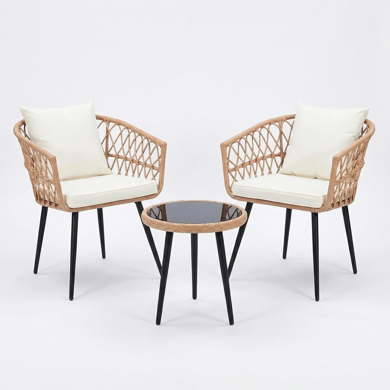 All-Weather PE Rattan Conversation Set Waterproof Cushions Powder-Coated Steel Frame Modern 3 -Piece Outdoor Patio Furniture Set for Apartment Balcony Small Backyard