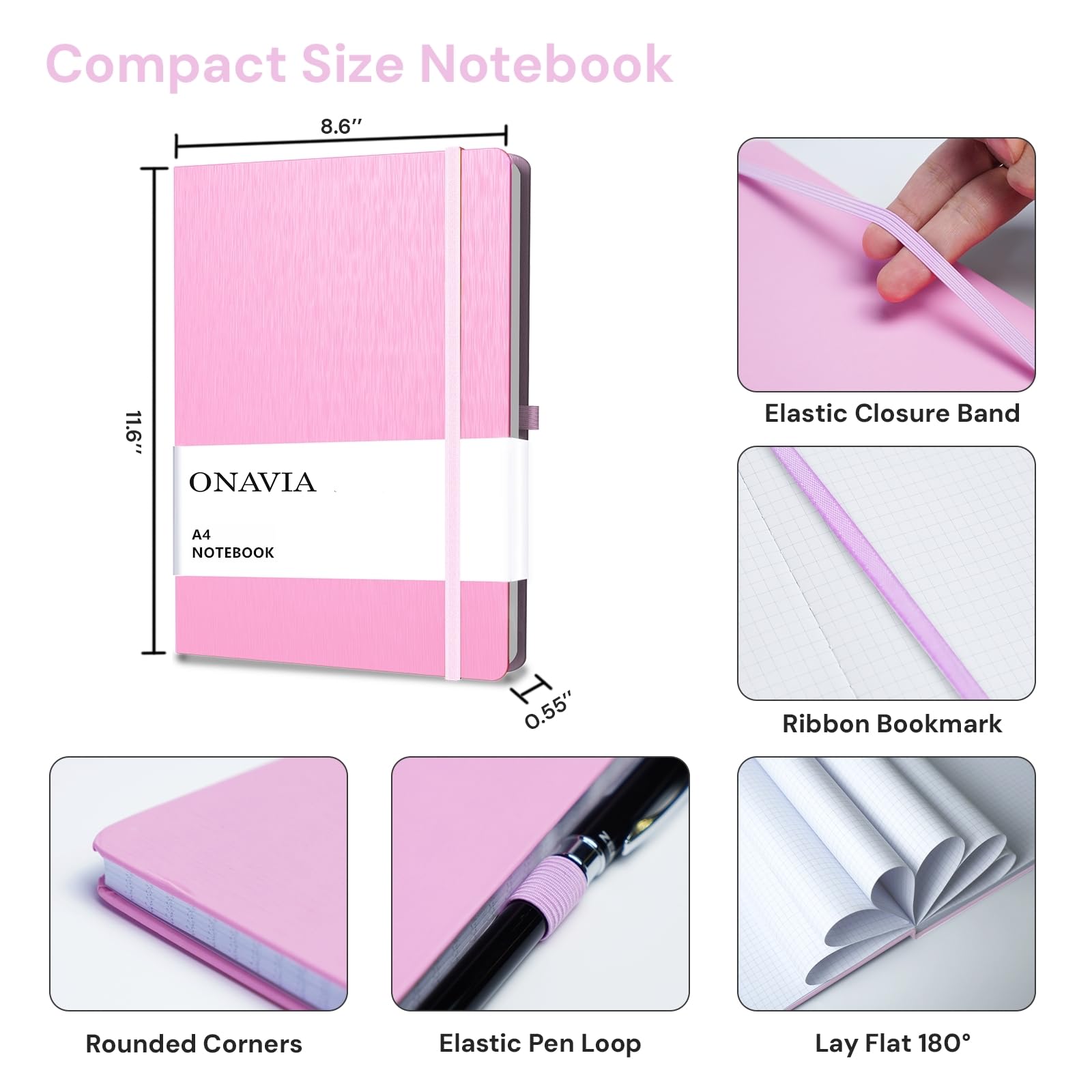 ONAVIA Carnet de Notes A4 Classique Papier Ligné, Journal Couverture Rigide et Fermeture par Elastique, 160 Pages et 80 g/m² Paquet de 6 (Multicolore)