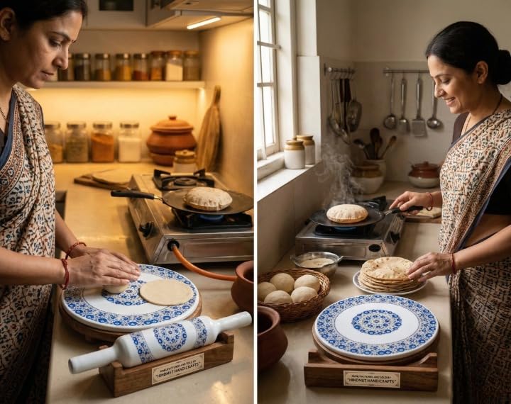 Image of Blue Floral Design MARBLE CHAKLA BELAN SET | Printed 10 Inch Enamel Marble Roti Maker with Wooden Belan | Heavy Duty Non-Slip Marble Chakla for Roti, Chapati, Paratha | Kitchen Rolling Board (1 Piece)