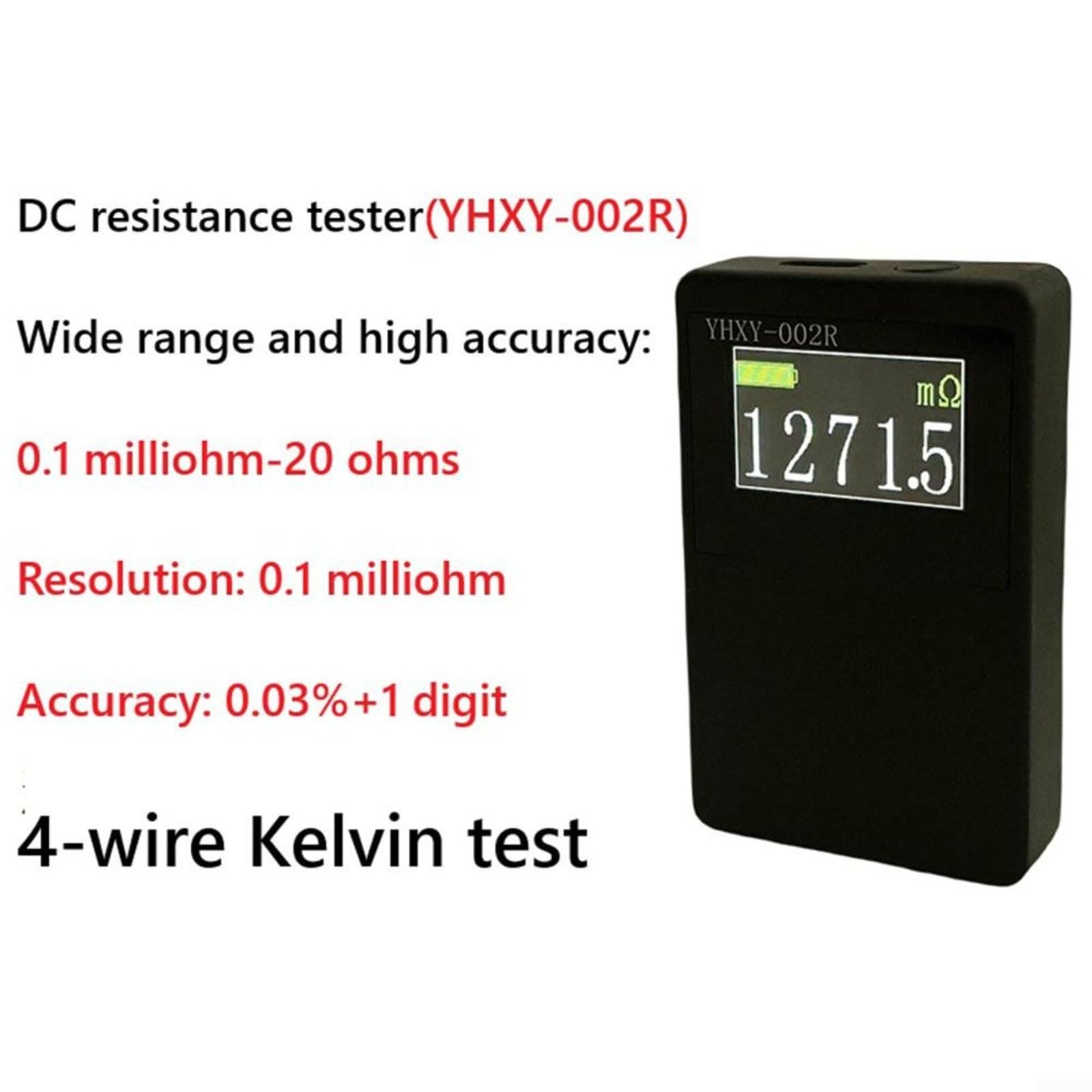 DC Milliohmmeter 0,03% Genauigkeit Widerstandsprüfer mit LCD-Display, 0,1 mR-20 Ω Bereich, 4-Draht-Kelvin-Kurzschlusstester, Typ-C wiederaufladbar, tragbar, schwarz (groß)