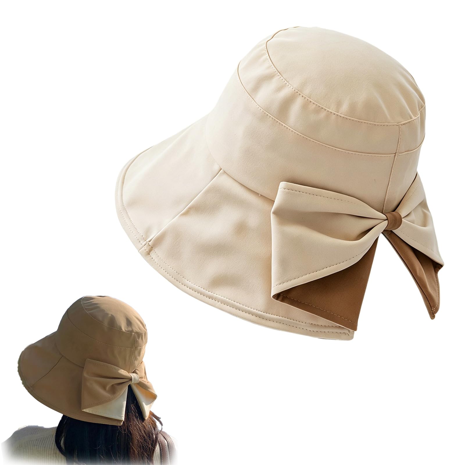 Sombrero De Sol De ala Ancha con Lazo para Mujer,Gorra Verano Elegante,Ligera Y Plegable ProteccióN UV CordóN Ajustable,Ideal La Playa,La Piscina,El JardíN Las Vacaciones(56-58cm,Beige)