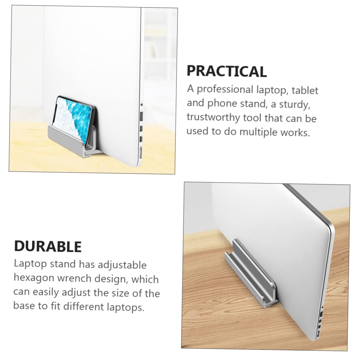 Supporto Verticale per Laptop a 3 Slot Regolabile in Alluminio Argento | Base Antiscivolo in Silicone, Apertura 13-38mm, Design da Scrivania per Telefono e Tablet