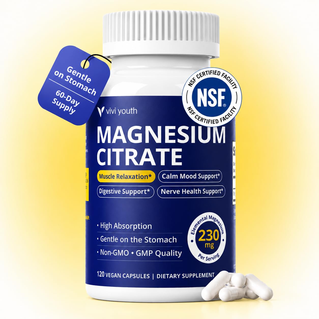 Magnesium Citrate 230mg Elemental 120 Capsules, 60-Day Supply