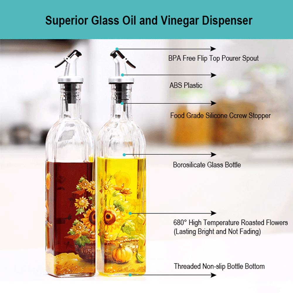 BIPEGE Olive Oil Dispenser Bottle (Set of 2), 17 Ounce Superior Glass Oil and Vinegar Dispenser with Silicone Funnels, Cruet Container for Variety of Oils