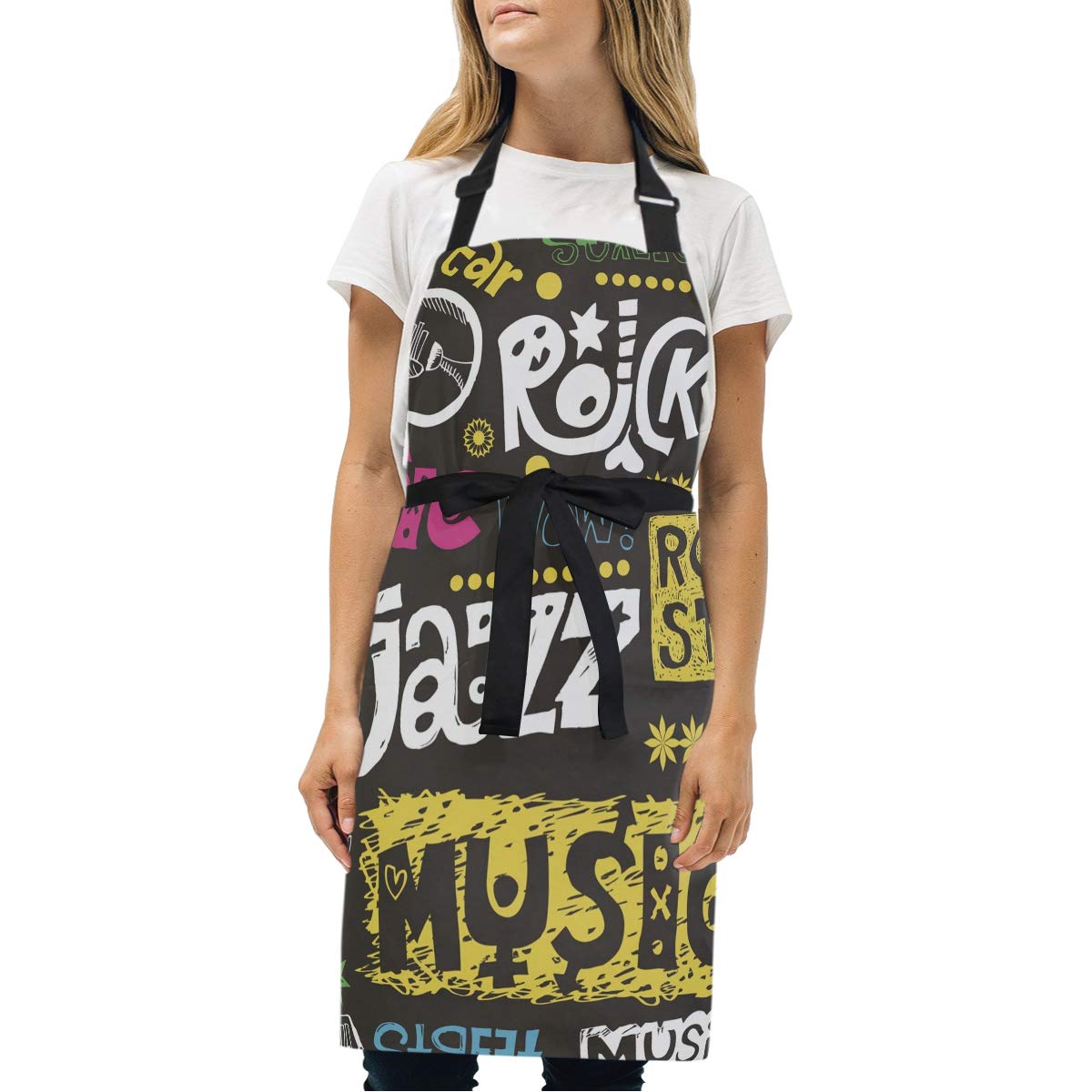 LDIYEU Black Jazz Rock Music Apron for Cooking Women Chef with 2 Pockets Kitchen Waitress Aprons for Baking Men Boys Girls