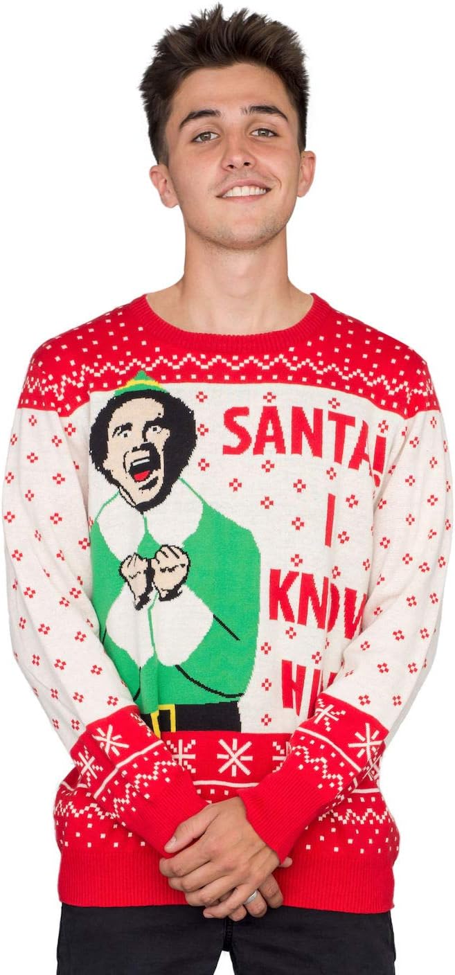 RIPP JUNC Elf Buddy Santa I Know Him Pattern Adult Ugly Christmas Sweater