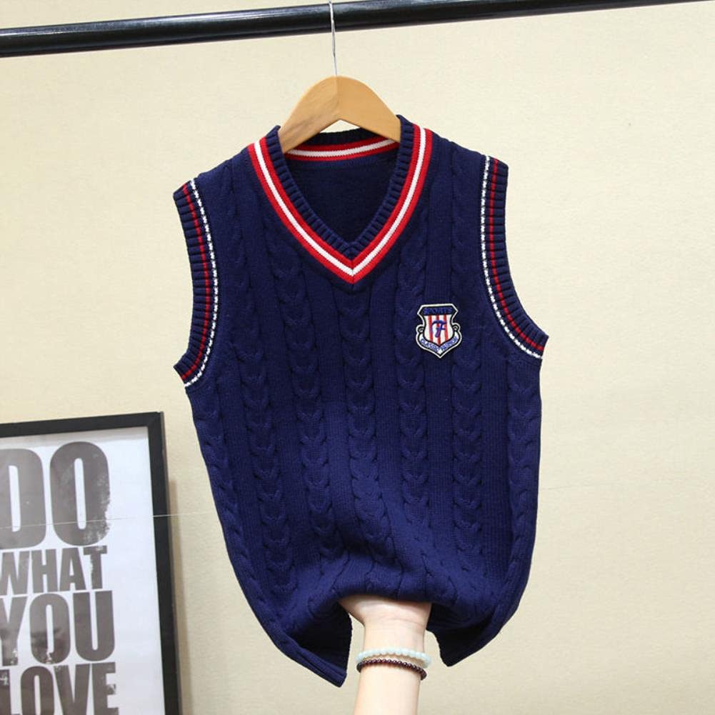 UKKO Suéter para niños Algodón Tejido Jersey Niños con Cuello En V Suéter Chaleco Chaleco Chaleco Escolar Chicas Invierno Sin Mangas Suéter-Navy Fleece,13-14T