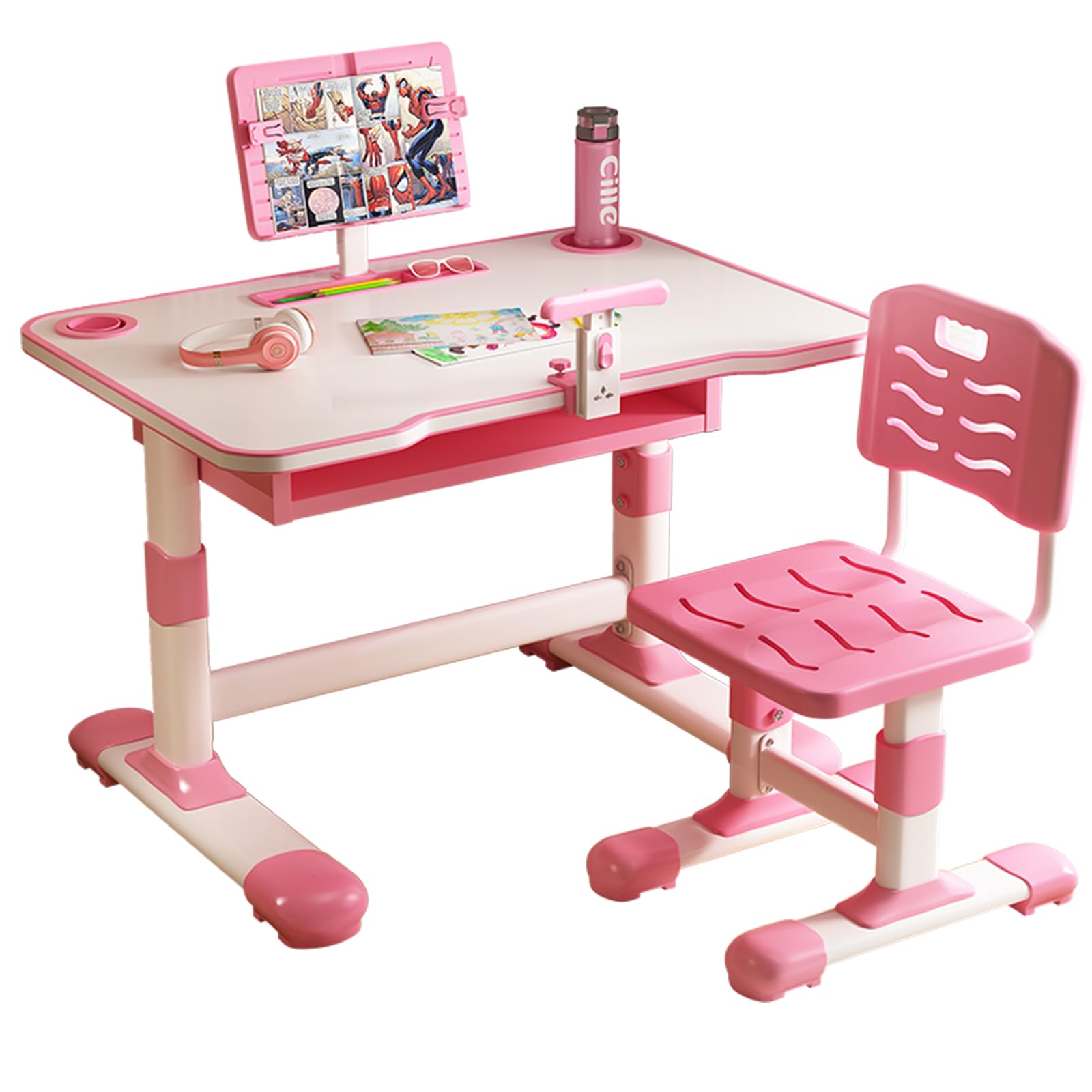 Vinteky Kinderschreibtisch Stuhl Höhenverstellbar, Kindertisch Stuhl Set mit neigbarer Tischplatte Schreibtisch Kinder Mädchen & Jungs, Höhenverstellbarer Schreibtisch mit Schubladen (Rosa)