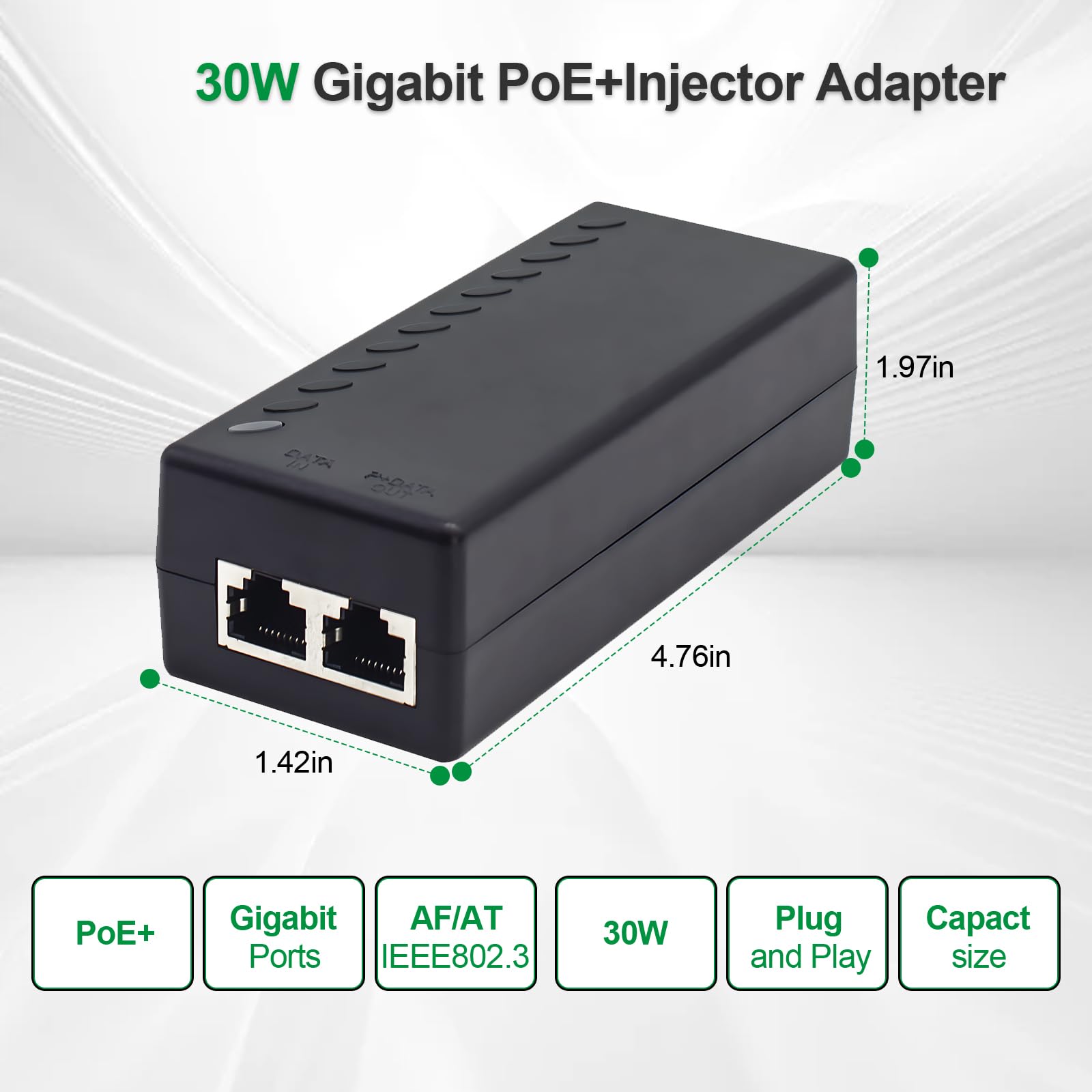 Injecteur Gigabit PoE+, 30 W 48 V, noir | 10/100/1000 Mbps, conformité IEEE 802.3af/at, extension du réseau jusqu'à 100 m, Plug and Play
