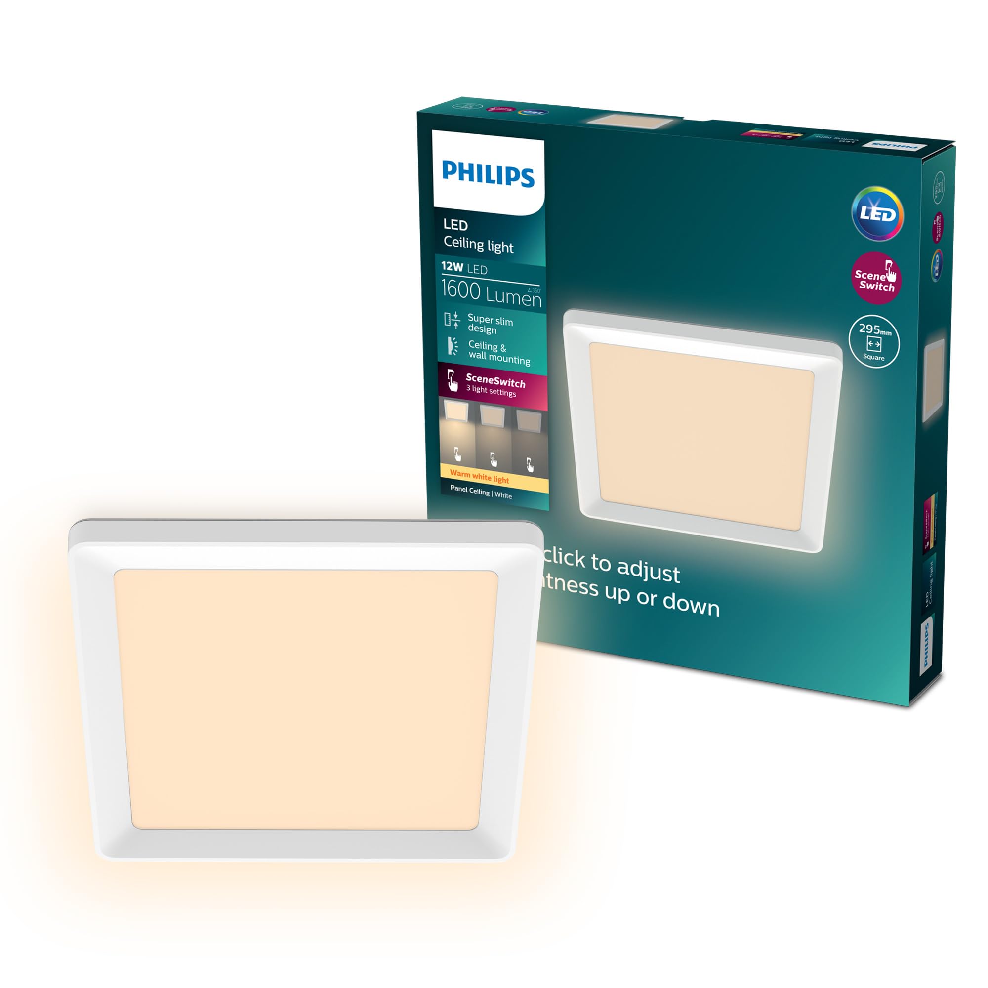 Philips LED SceneSwitch Plafón (12 W), rectangular (30x30cm), con luz blanca cálida, regulable, blanco