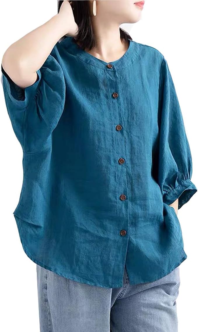 Amazon レディース 夏服 トップス 半袖 ブラウス 無地 綿麻 ワイシャツ 前開き ゆったり 着痩せ 体型カバー 薄手 通気 シンプル 涼しい おしゃれ リラックス カジュアル 森ガール 通勤 日よけ Uvカット 3カラー M 3xl ブルー M シャツ ブラウス 通販