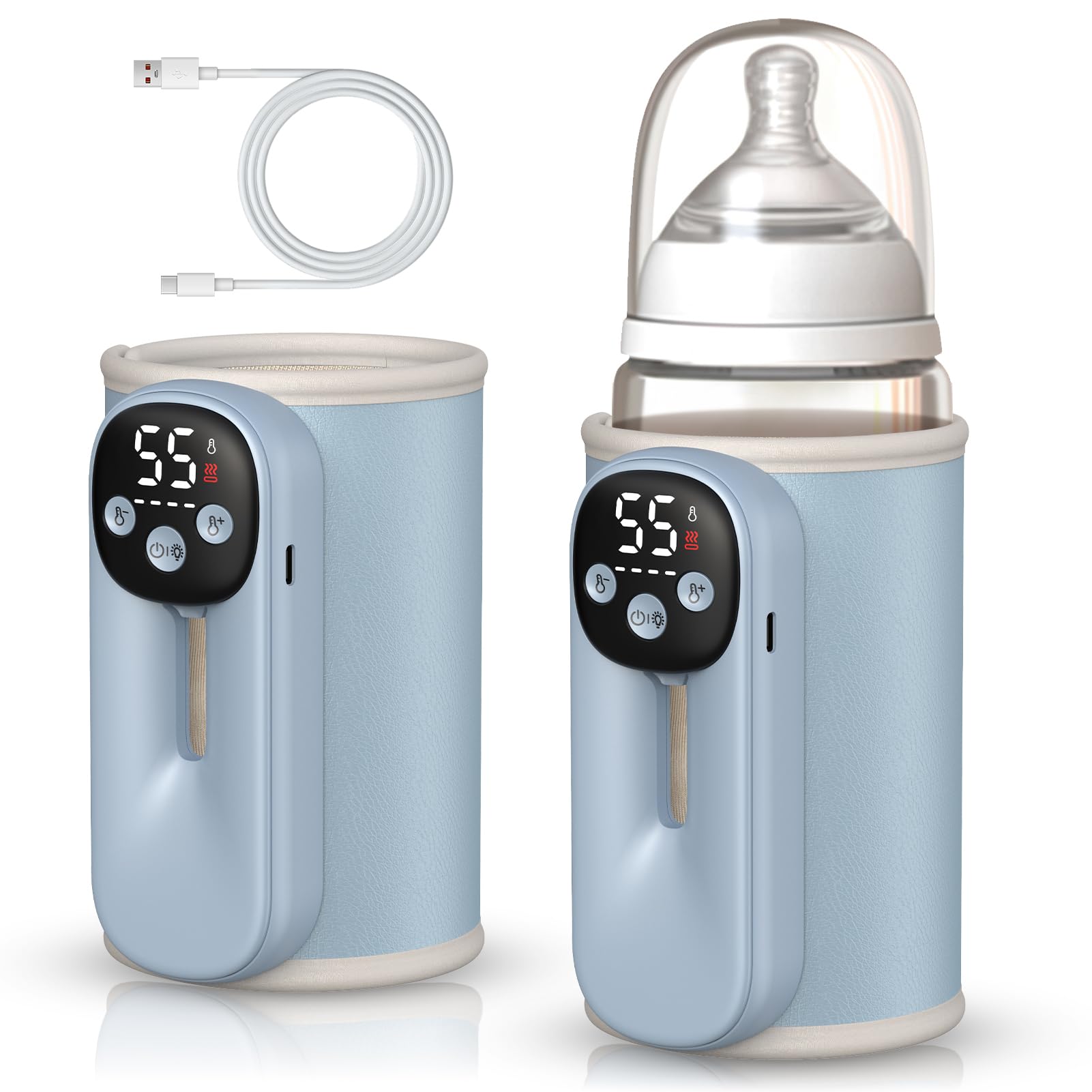 Flaschenwärmer Baby unterwegs 8000mAh Akku, 6 Temperaturen (Lazur) | Tragbarer Flaschenwärmer mit LED-Display, Nachtlicht & USB-C Schnellladung – für unterwegs & Nachtfütterung