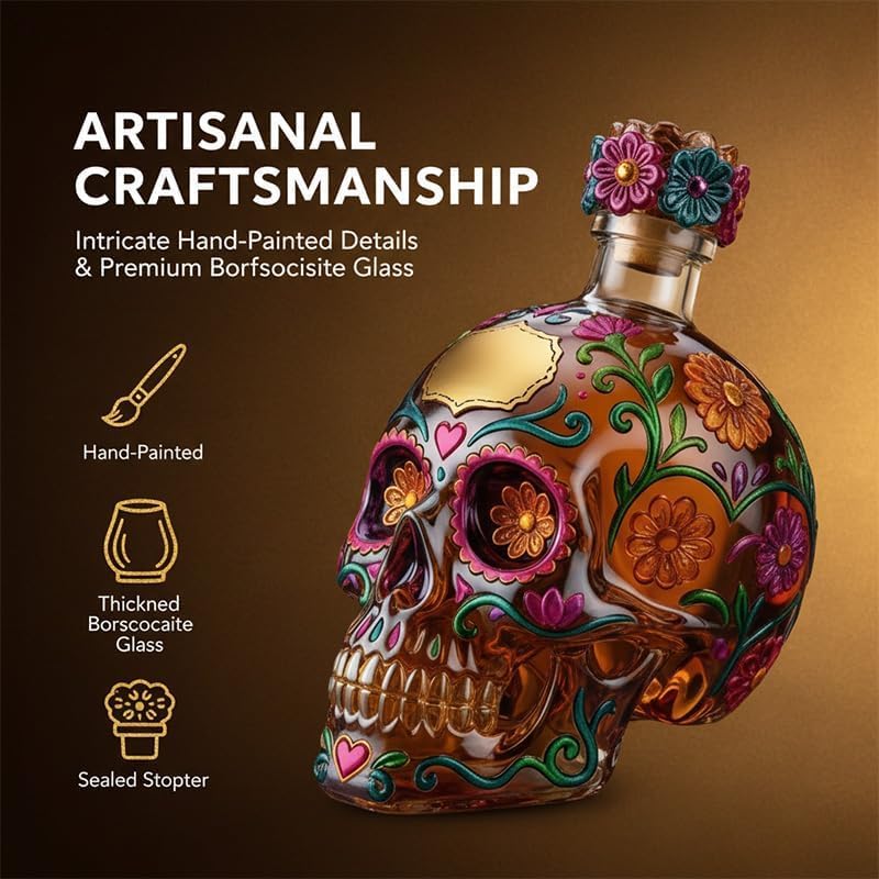 Bottiglia decanter a forma di teschio gotico 2026, decorativa in edizione limitata, dipinta in vetro dipinto, per liquori, decanter vuoto per whisky, creativo con design floreale per feste di