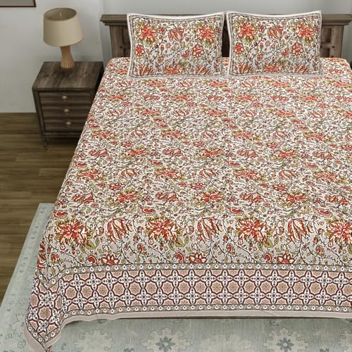Image of Living Roots Jaipuri Hand Block Print Double Cotton Bedsheet & 2 Pillow Covers, for Mattress Upto 8 inches Thick, No Colour Bleeding, Orange Colour, Super King Size 96 * 104 inches, 150TC (580-A)