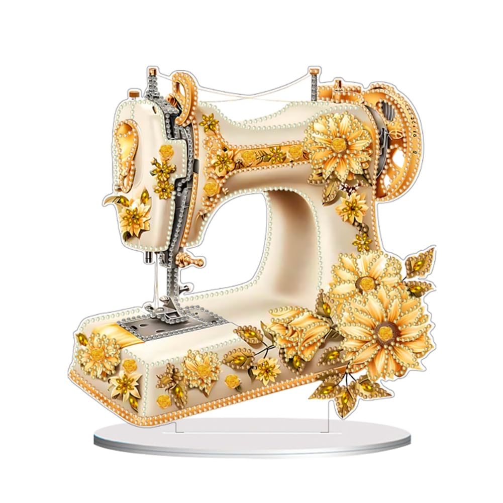 Awesocrafts Diamond Art Table Top Ornaments Yellow Sewing Machine, 5D Diamond Painting Tabletop Decorations Special Shape Crystal Art Christmas Desktop Decor (Sewing)