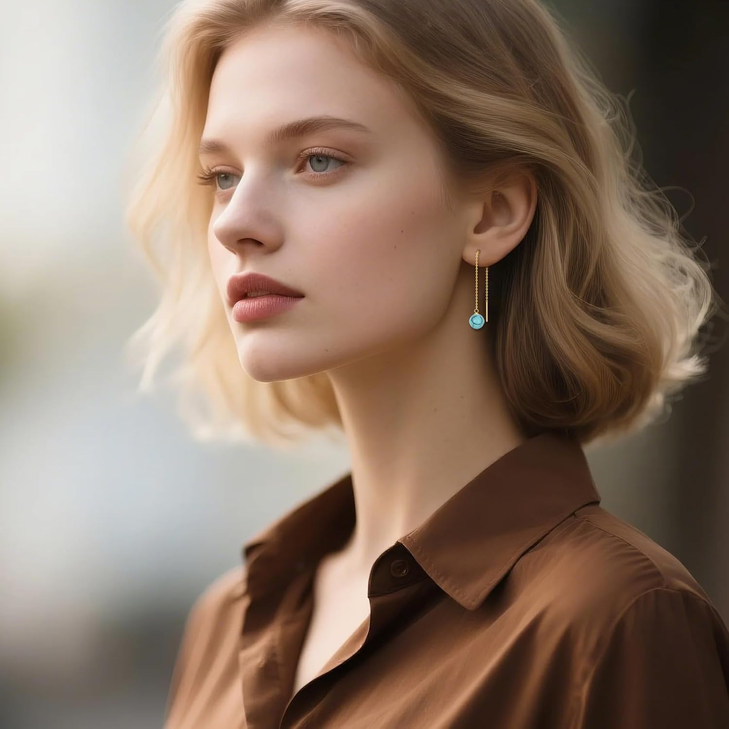 DOVRAN Pull Through Threader Earrings 10K/14K Real Solid Gold Long Piercing Long Black Onyx/Pearl/Turquoise Tassel Dangle Ear Line Eardrop Earrings Jewelry Gifts