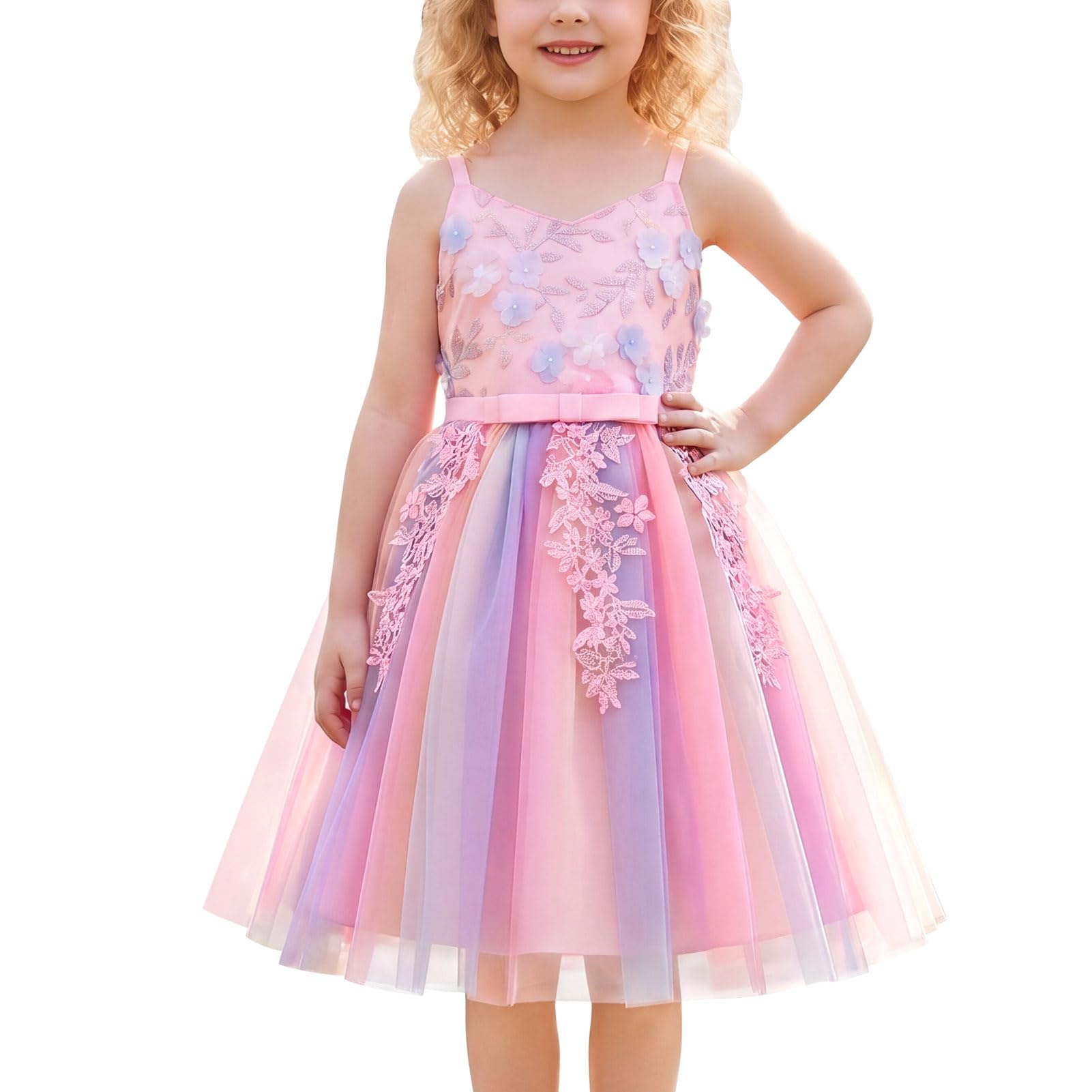 FYMNSI Blumenmädchenkleid für Babys, Regenbogen-Tüll-Tutu-Kleider, Blumenapplikation, Mädchen, Geburtstag, formelle Festzugskleider, 2–7 Jahre