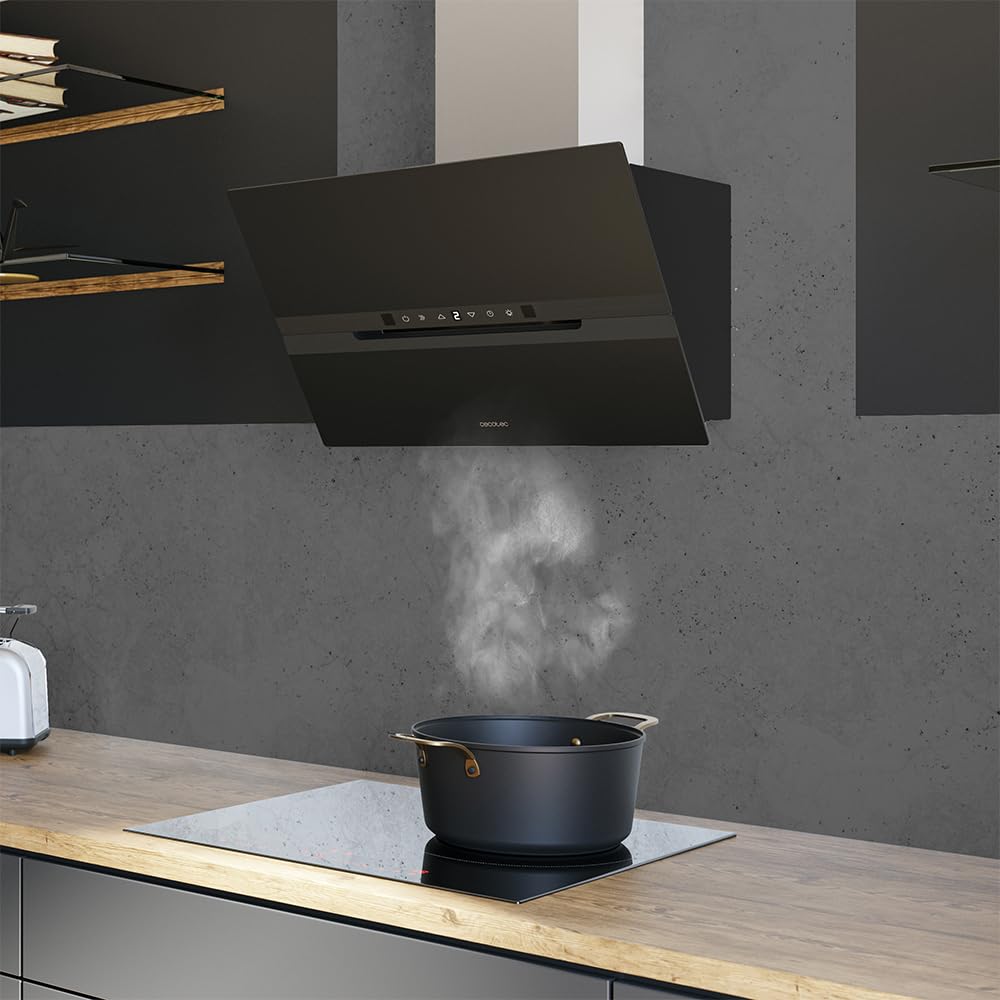 Cecotec Cappa Aspirante 60 cm Vetro Temperato. Bolero Flux DT 608010 Glass Black A++ 210W, Cappa 60cm vetro nero, Flusso d'Aria 800m3/h, A++, Touch, LED, Bluelit, Carbonio Ø176, alluminio 5 strati