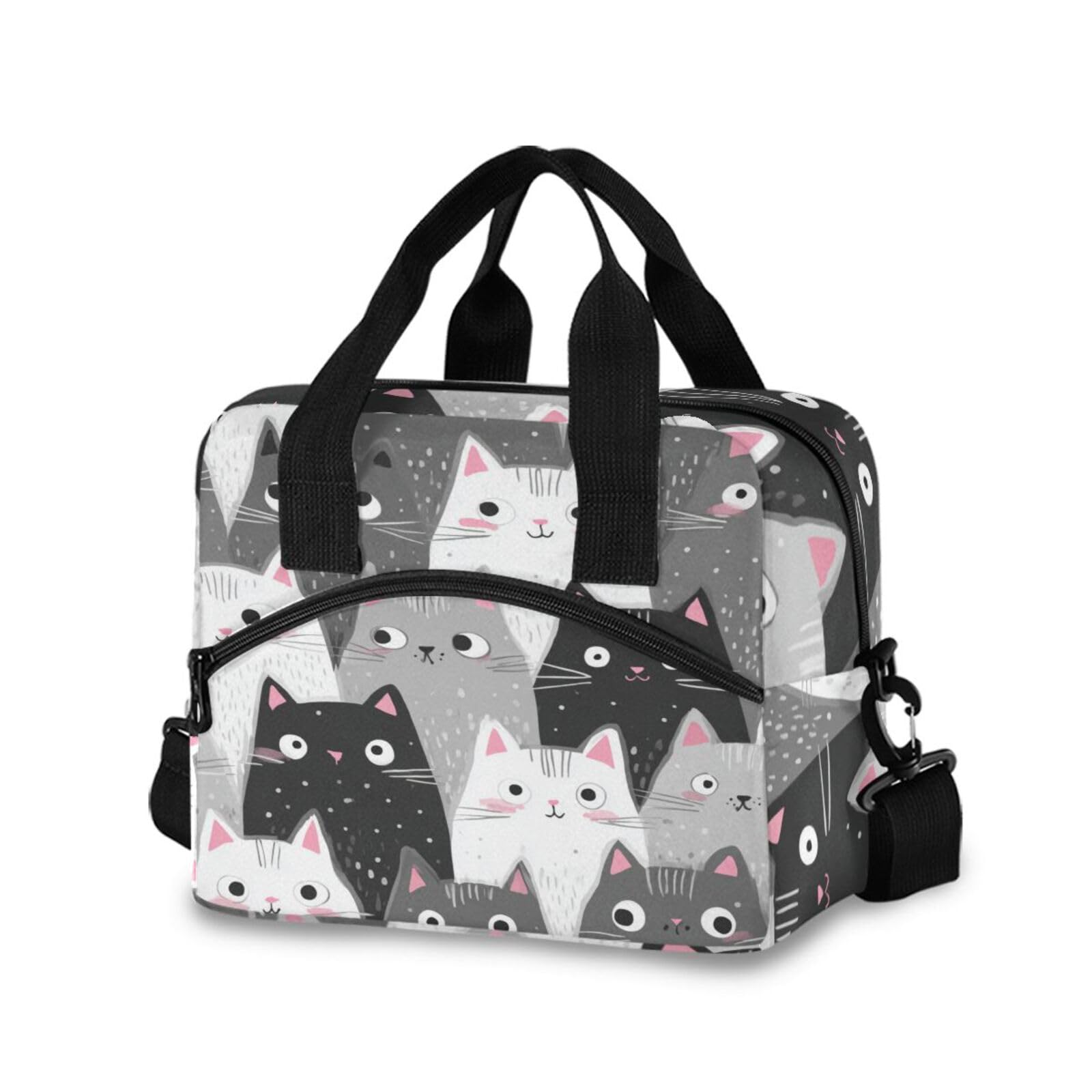 Cartoon Cats Kitten Lunch Bags for Women Black Grey White Lunch Tote Bag Lunch Box Water-resistant Thermal Cooler Bag Lunch Organizer for Working