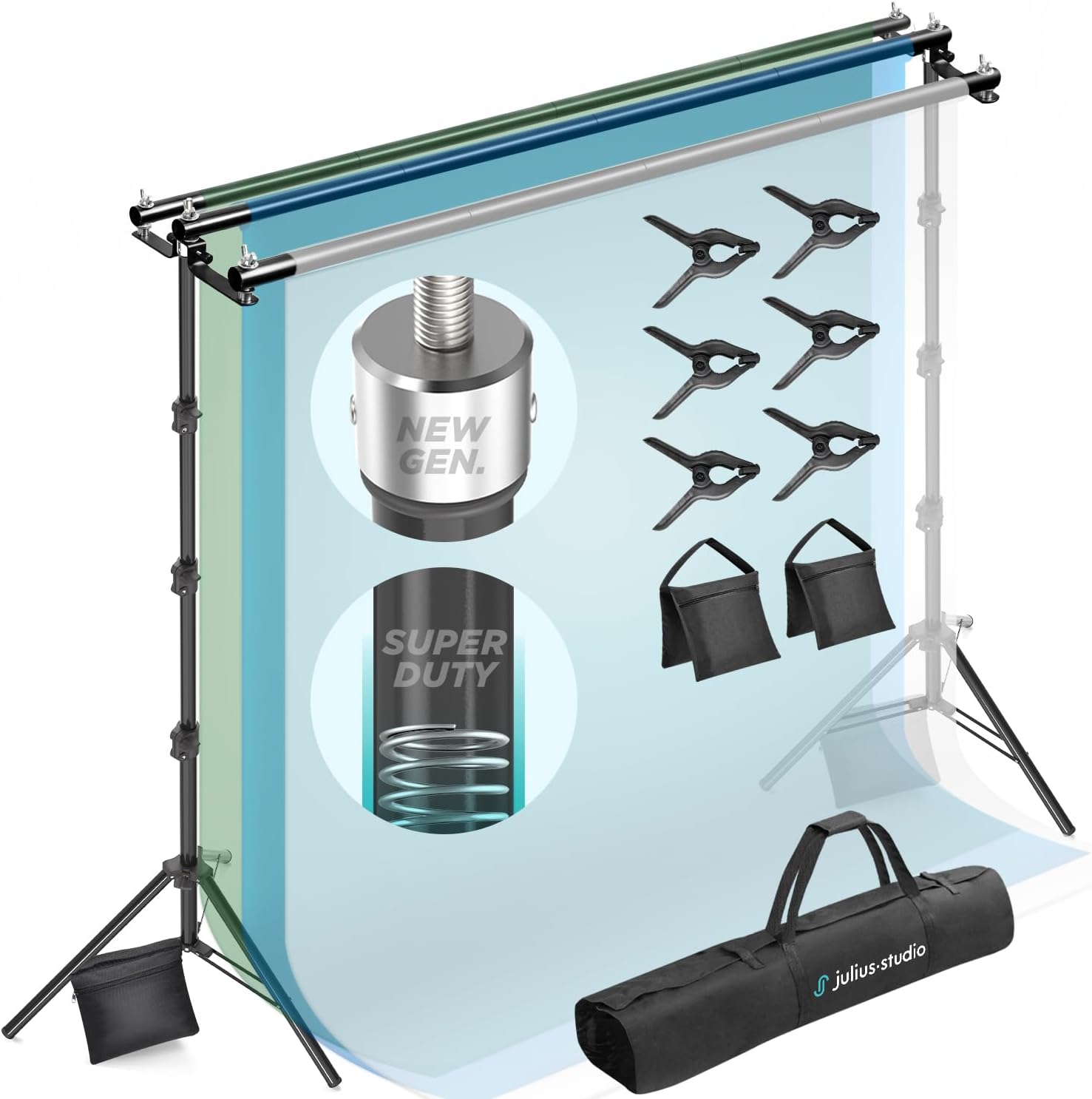 JS JULIUS STUDIO 10 x 9.8 FT Triple Crossbar Backdrop Stand Double Photo Background Support, New Metal Cap Design, Upgraded Sturdy Structure, Spring Clamps, Sand Bags, JSAG596